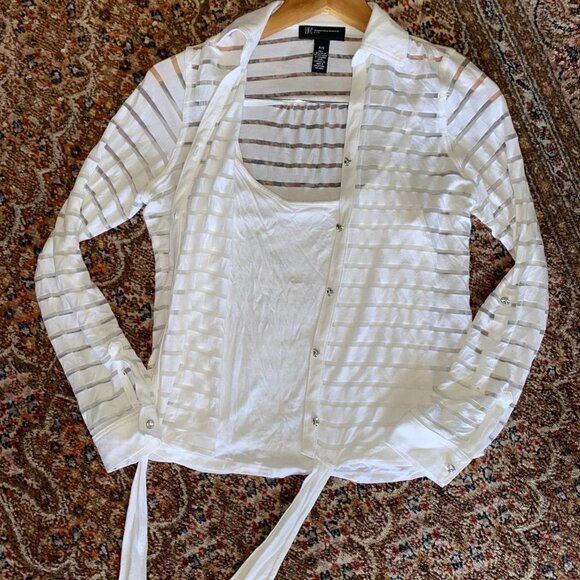 INC Shadow Stripe White Rhinestone Buttons Top w/ Spaghetti Shirt Underneath P/S - Picture 8 of 9